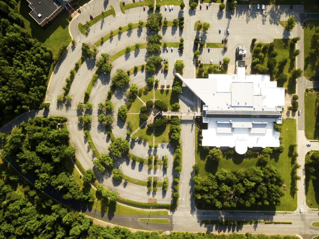 An aerial view of the Fiday Conference Center and its guest parking lot.