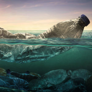 A large, boat sized clear plastic bottle floats at the surface of the water. Underwater, more empty plastic bottles can be seen piling up.