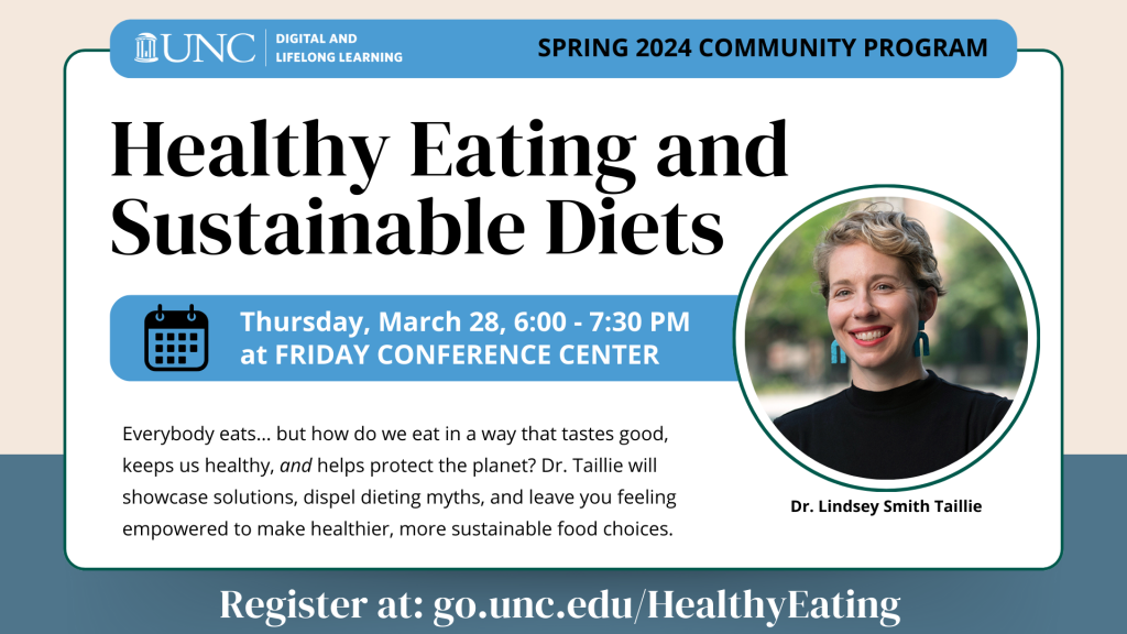 An event banner for "Healthy Eating and Sustainable Diets" taking place on March 30, 2024 from 6 to 7:30PM at the Friday Conference Center in Chapel Hill, NC.