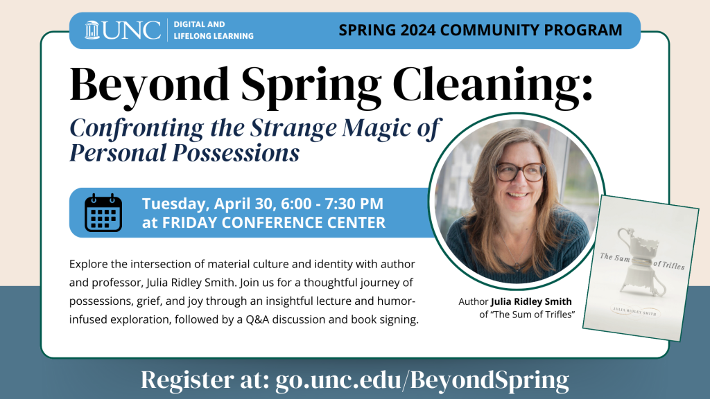An event banner for "Beyond Spring Cleaning" taking place on April 30, 2024 from 6-7:30 PM at the Friday Conference Center in Chapel Hill, NC.